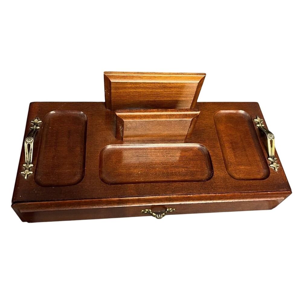 Vintage London Leather Wood Valet Station Jewelry Box Lined Drawer 12x5.5x2